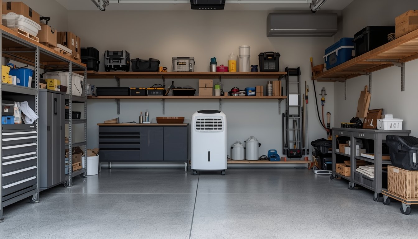 Dehumidifier reducing moisture in a home garage environment